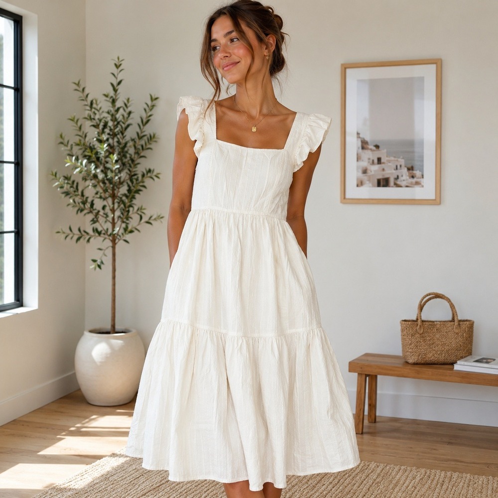 Madewell Cream Ruffle-Sleeve Midi Dress